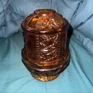 VINTAGE INDIANA AMBER GLASS STARS & BARS 2-PC FAIRY LAMP//CANDLE HOLDER